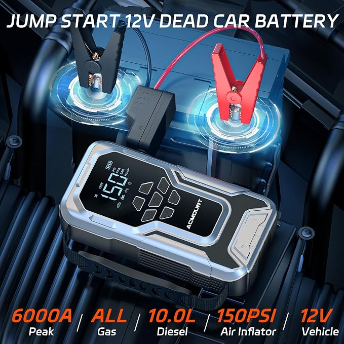 D18 Jump Starter with Air Compressor, 6000A Car Battery Jumper Starter Portable(All Gas/10.0L Diesel), 150PSI Tire Inflator Air Pump, 12V Jump Pack, 800LM Flashlight, Car Gift for Men
