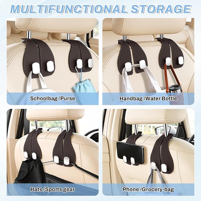 2PCS Car Purse Holder Hook, Seat Back Storage Hook, Leather-Wrapped Alloy Double Headrest Hook for Purses & Bags, Cute Car Interior Accessories for Women and Men, Brown