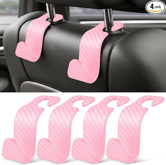 Universal 4 Pack Car Seat Headrest Purse Hook, Carbon Fiber Back Seat Hook Storage Organizer Hanger for Purse Handbag Coat, Car Interior Accessories(Pink)