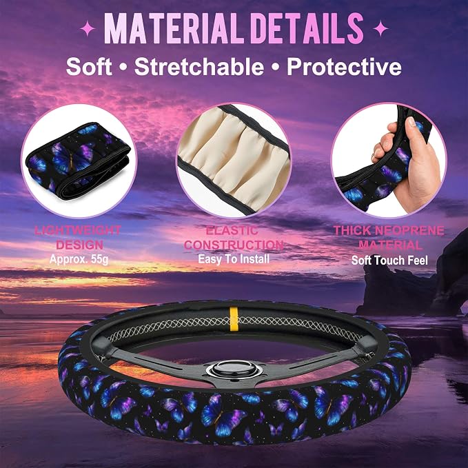 Galaxy Butterfly Steering Wheel Cover for Women Men Neoprene Breathable Wheel Cover Protector Anti-Slip Car Accessories Universal 15 Inch Fit for Cars Trucks Vehicles