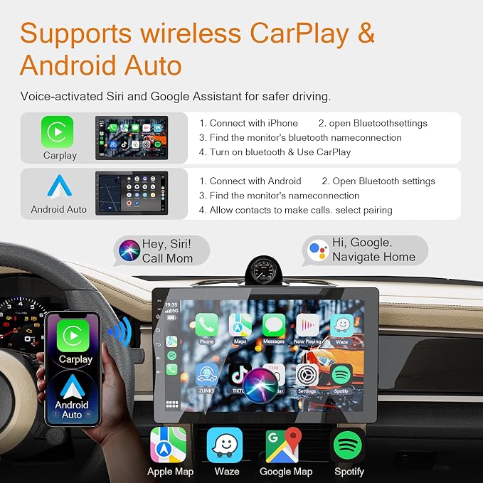 10.1 Inch Single Din 360° Rotatable Car Stereo,Support Wireless CarPlay and Android Auto,with 1080P Rear Camera,Mirror Link|Bluetooth|Music Play|AUX|FM/AM|SWC|RDS,Single DIN Car Stereo Radio