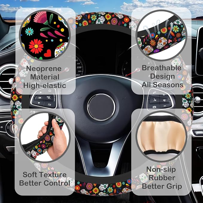 Day of The Dead Sugar Skull Steering Wheel Cover with 2 Pcs Car Coasters Neoprene Steering Wheel Cover for Women Men Anti-Slip Breathable Car Accessories Universal 15 Inch Fit Auto Cars Trucks