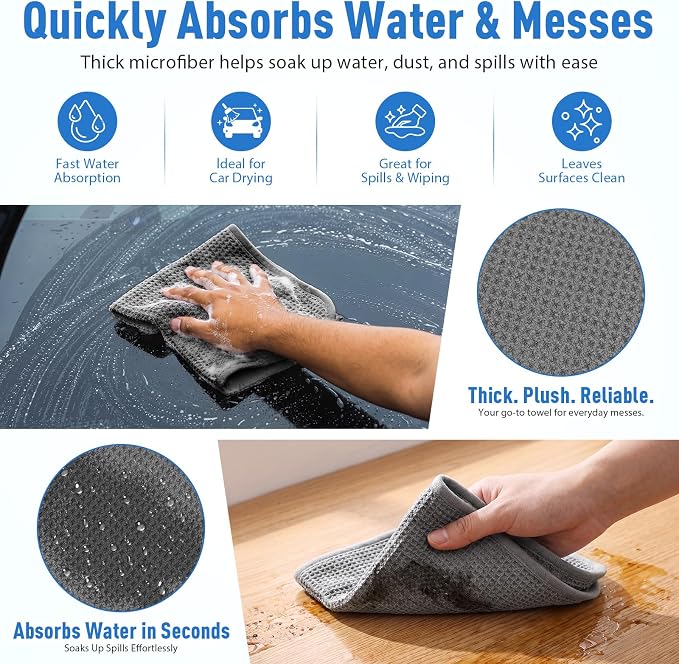 30 Pcs Premium Waffle Weave Cleaning Cloths 12"x12" Reusable Absorbent Towels, Lint Free Streak Free Rags for Car, Kitchen, Glass, Window