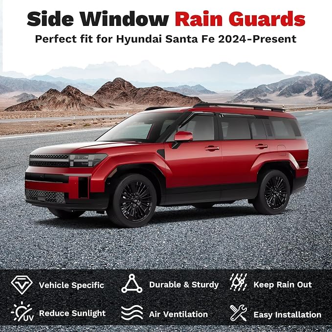 Santa Fe Rain Guards - Window Visors for Hyundai Santa Fe 2024 2025 2026, Outside-Mount Tape-On Side Window Wind Deflectors for Santa Fe Accessories, Vent Visors Shades Rainproof Black 4PCS