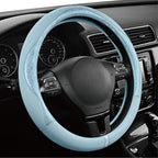 Steering Wheel Cover, Light Blue Patterned Leather Patchwork Design, Universal Fit 14.5"–15.5", Anti-Slip, Odor-Free, Soft PU Grain Leather, Durable Grip Car Accessory for Girls & Women