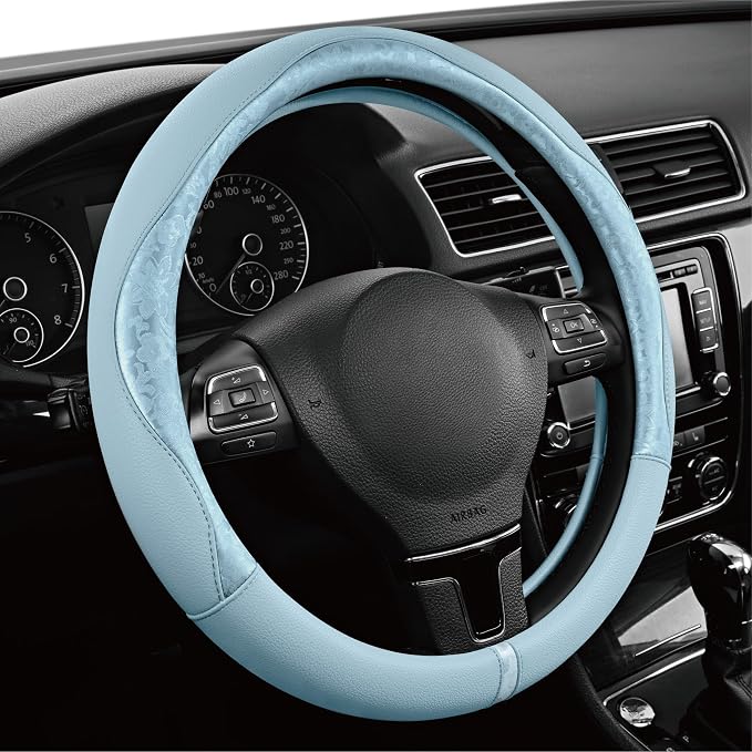 Steering Wheel Cover, Light Blue Patterned Leather Patchwork Design, Universal Fit 14.5"–15.5", Anti-Slip, Odor-Free, Soft PU Grain Leather, Durable Grip Car Accessory for Girls & Women