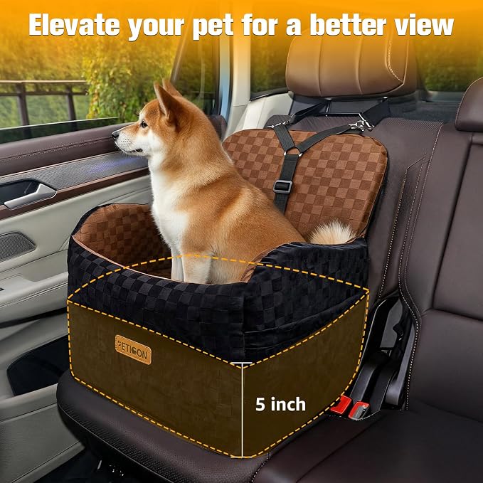 Waterproof Dog Car Seat for Small Medium Dogs, 5in Memory Foam Pet Booster Seat for Dogs up to 35 lbs with Pockets, Detachable Washable Pet Carseat with Y-Shape Safety Belt (Brown, Medium)