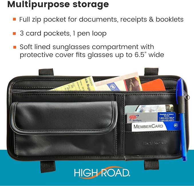 Sun Visor Organizer with Sunglass Holder for Car - Faux Leather Glasses Holder for Car or Truck with Card Pockets and Zippered Compartment for Documents and Receipts