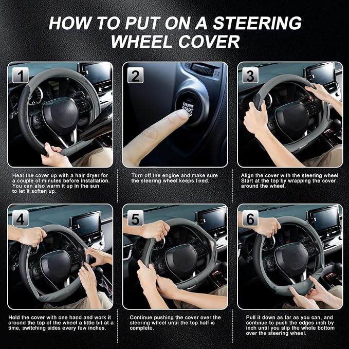 D Shaped Steering Wheel Cover for 14.5-15 inch Flat Bottom Wheels, Breathable Perforated Microfiber Leather, Anti-Slip Grip, Universal Fit for Cars & SUVs, Black and Gray