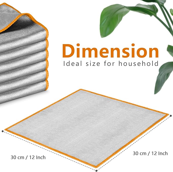 Airlab Glass Polishing Cloth Streak Free Miracle Cleaning Cloth Lint Free Microfiber Cleaning Rags for Glasses Kitchen Dish Mirrors Easy Clean, Pack of 6, 12" x 12", Sliver-Orange