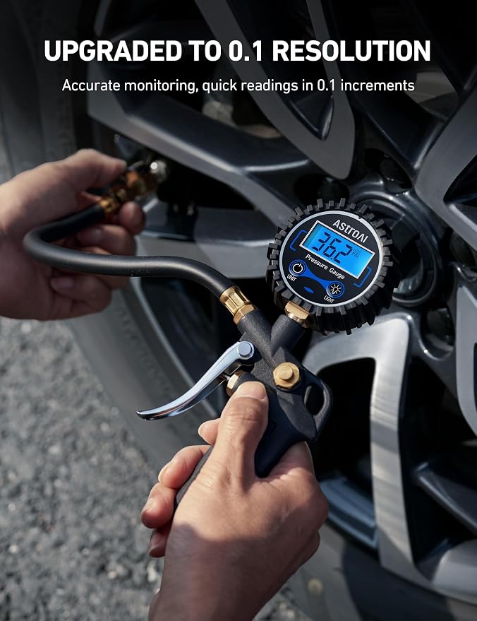 Digital Tire Pressure Gauge with Inflator, 3-250 PSI Air Chuck & Compressor Accessories Heavy Duty with Quick Connect Coupler, 0.1 Display Resolution, 1Pack Standard