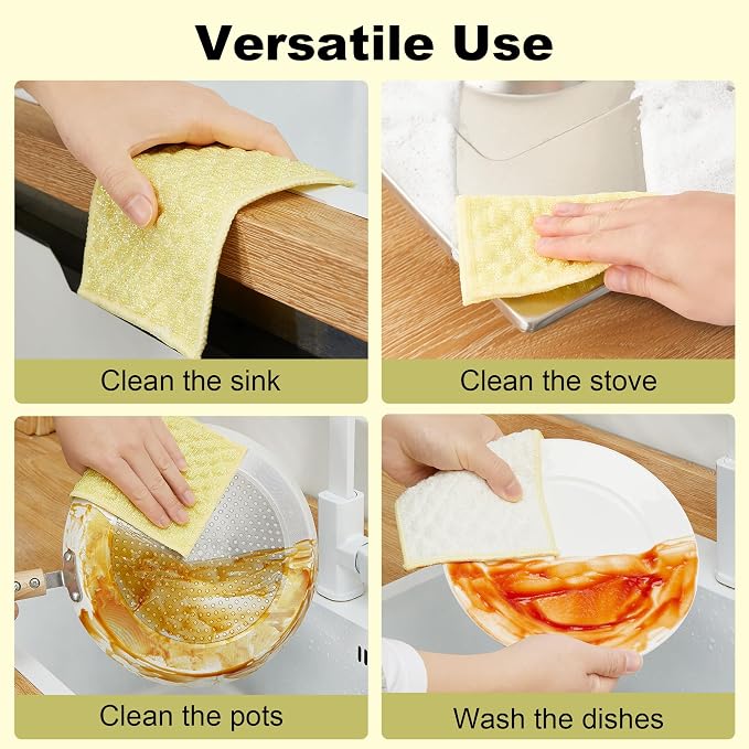 16 Packs Microfiber Cleaning Cloth - Bubble Mesh, Reusable Non-Scratch Cleaning Rags, Dual-Sided Dish Cloths, Multipurpose Dish Rags for Dishwashing, Kitchen, Stainless Steel, Yellow