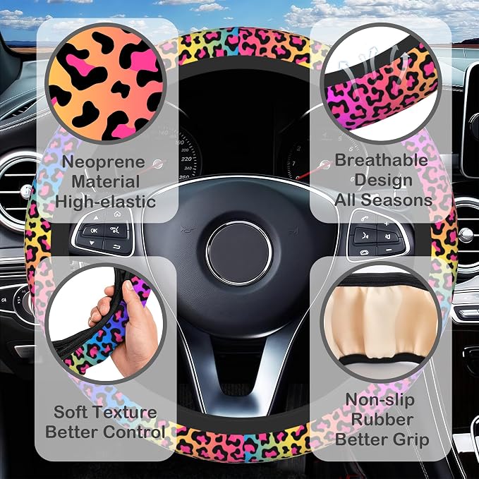 Rainbow Leopard Print Steering Wheel Cover for Women, Anti-Slip Car Steering Wheel Cover with 2 Pcs Cup Holders Neoprene Breathable Car Accessories Universal 15 Inch Auto Interior Decor