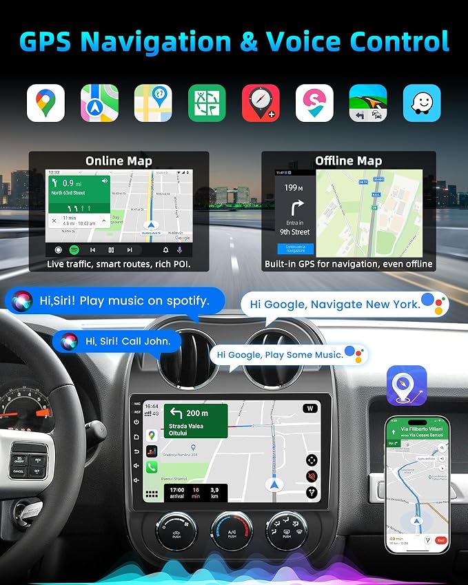 Car Radio Stereo for Jeep Compass Patriot 2010-2016 with Wireless CarPlay Android Auto, 10 inch Touchscreen Car Stereo with Bluetooth5.0,Android 13, 5G WiFi,FM,GPS,Backup Camera,SWC,Mirror Link