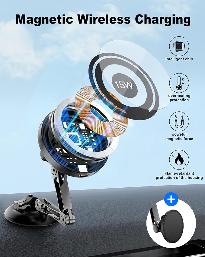 Magnetic Car Phone Holder, 15W for MagSafe Car Mount Charger(Fast Wireless Charging,Vacuum) 360°Adjustable Car Mount for Women Men iPhone 17-12