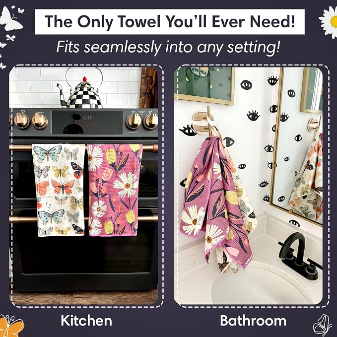 Double Sided Microfiber Hand Towels, 17x27 Inches Waffle Design Kitchen Towels Set, Durable & Soft Fast Drying Hand Wash Cloth, Everyday Use Dishcloth at Home (Wings & Flower Farm- Purple/Cream)