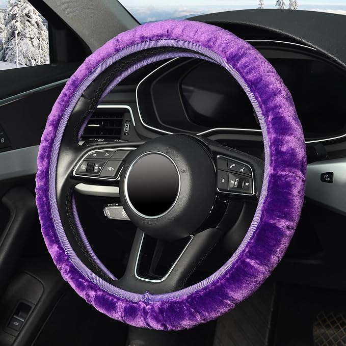 Fluffy Steering Wheel Cover, Universal 15 Inch Elastic Plush Softy Steering Wheel Cover for Women Girls, Anti-Slip, Odorless, Winter Warm, Purple