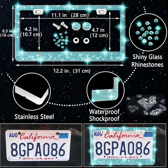 27 PCs Aquamrine Bling Car Accessories Set for Women, Steering Wheel Covers Universal Fit 15 Inch, Bling License Plate Frame, Bling Phone Holder, Bling Car Coasters (Aquamrine Diamond)