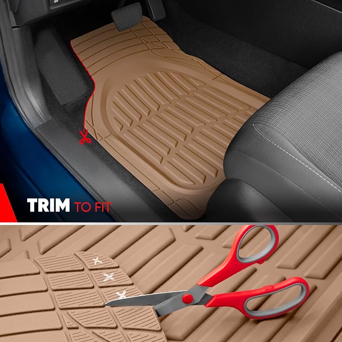 FlexTough LITE Rubber Car Mats Full Set - All Weather Floor Mats for Trucks, Cars & SUVs - Automotive Waterproof Beige Car Floor Mats for Cars Interior Accessories Universal Trim-to-Fit