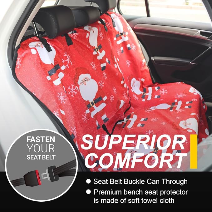 Back Seat Cover for Car Trucks Van SUV Jeep,Waterproof Rear Bench Towel Seat Covers for Dogs and Kids,Automotive Backseat Protector (Santa Claus)