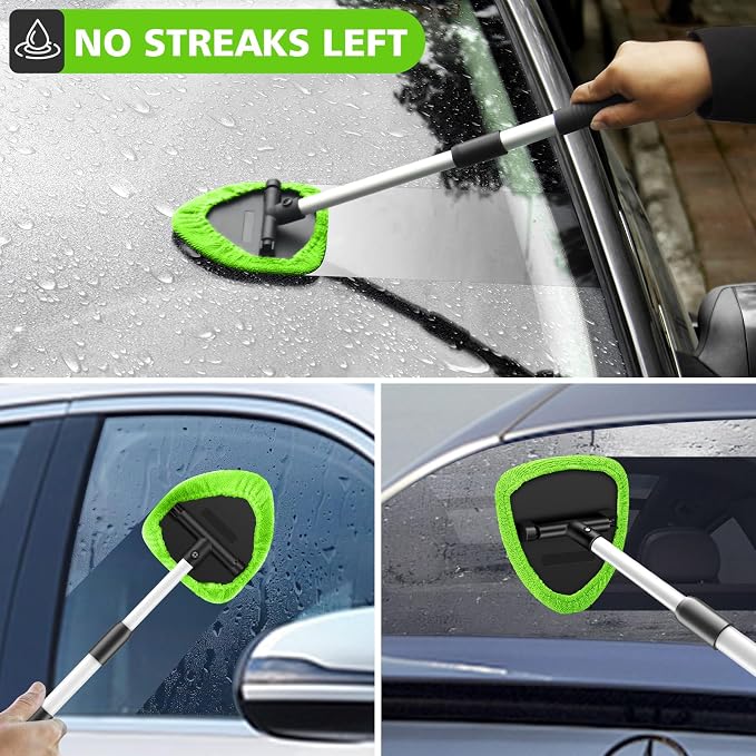 Windshield Cleaning Tool, 23-inch Extendable Handle Car Window Cleaner with 4 Reusable and Washable Microfiber Pads, Auto Glass Wiper Kit for Interior & Exterior, Ideal for Dirty Car Windows, Green