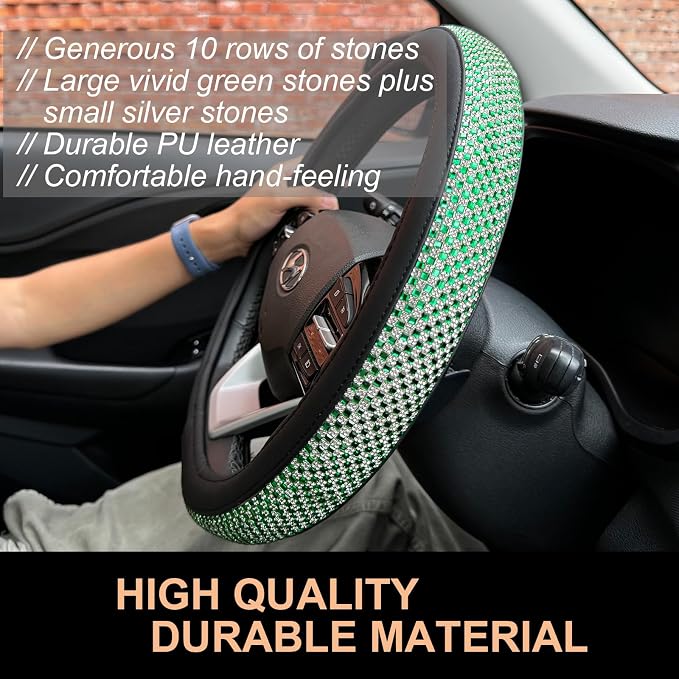 D Shaped Bling Comfy Steering Wheel Cover with Jumbo Crystal Rhinestones, Anti-Slip Diamond Leather, Flat Bottom 14.5-15 Inch (Vivid Green)