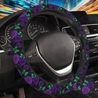 Purple Rose and Butterfly Steering Wheel Cover for Women, Anti-Slip Car Steering Wheel Cover with 2 Pcs Cup Holders Neoprene Breathable Car Accessories Universal 15 Inch Auto Interior Decor