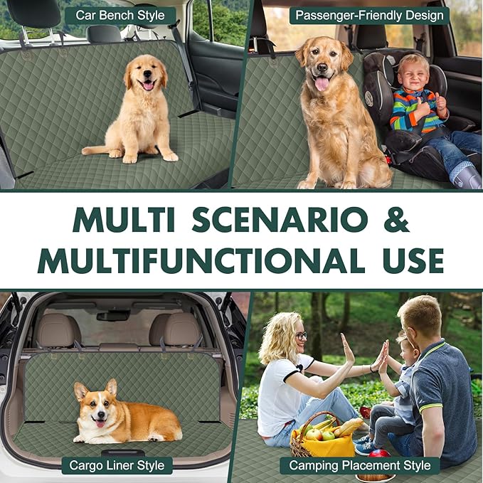 Backseat Cover for Dogs, Waterproof and Non-Slip Pet Bench Seat Covers, Car Seat Protector for Back Seat, Universal Size Rear Car Seat Cover Fits Cars, Trucks and SUVs, L-Army Green&Grey