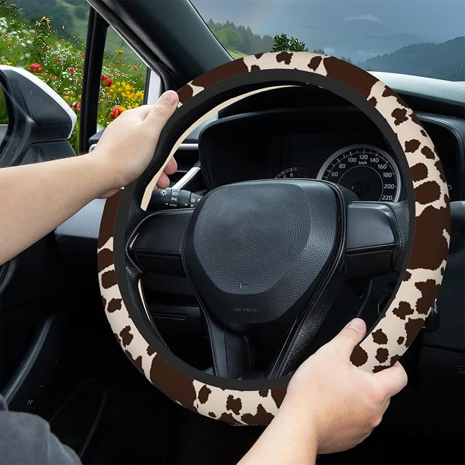 Brown Cow Print Steering Wheel Covers Universal 15 Inch Car Wheel Cover,Anti-Slip Breathable Car Accessories Protector Fit for Trucks,Sedans,SUVs,Vans