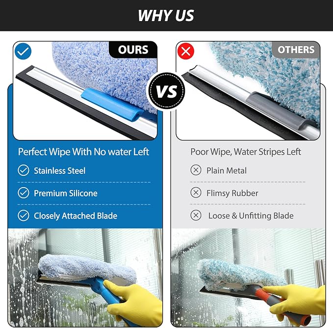 Professional 69'' Window Squeegee Cleaner Tool with Extension Pole, 2-in-1 Squeegee for Window Cleaning Kit with Scrubber and Rotating Head, 1 Blade 2 Scrubber