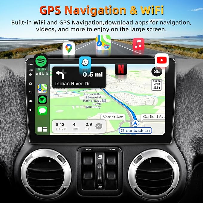 Car Stereo Radio Upgrade for Jeep Wrangler JK 2007-2018 Replacement 2+64G Android 15 Head Unit with 10 Inch Touch Screen CarPlay Android Auto Backup Camera