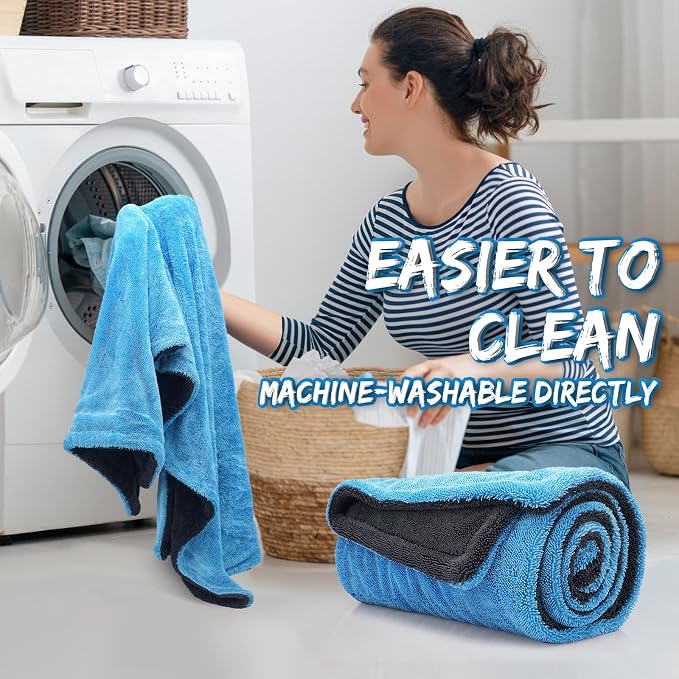 48”x24” Car Drying Towel for Full-Sized SUV, Dual Sided Microfiber Car Cleaning Towel with Twisting Yarn Technique, 1400GSM Super Absorbent Scratch-Free, Machine Washable (Dark Gray - Blue)