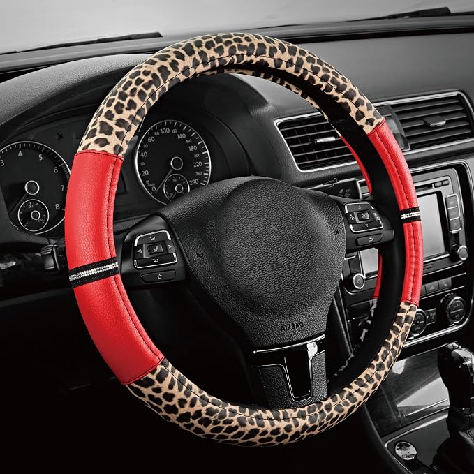 Leopard Steering Wheel Cover for Women, Cute Anti-Slip Microfiber Leather, Universal Fit 14.5-15 Inch Round Steering Wheel - Red
