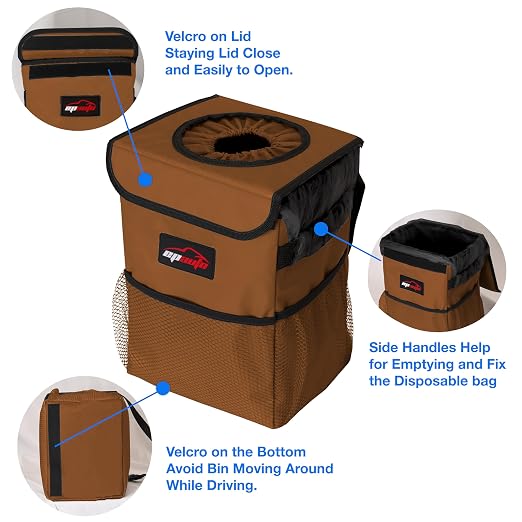 Waterproof Car Trash Can with Lid and Pockets, 2.5 Gal, Brown | Leakproof, Collapsible Multipurpose Car Bin with 3 Side Storage Pockets, Adjustable Straps