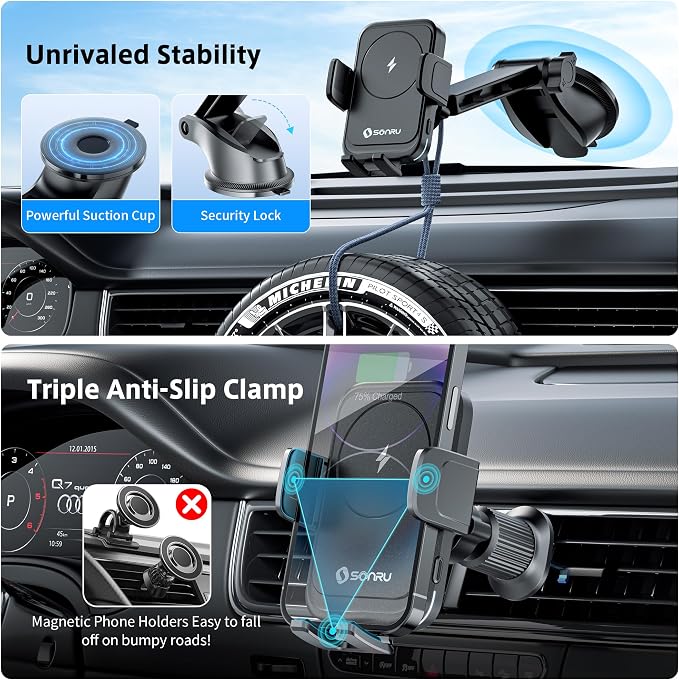 Car Phone Holder Wireless Charger, Qi 15W Wireless Car Charger Fast Charging Auto Clamping Car Charger Mount Suction Holder Dashboard Air Vent for iPhone 16/15/14/13/12/11, Samsung S25/24