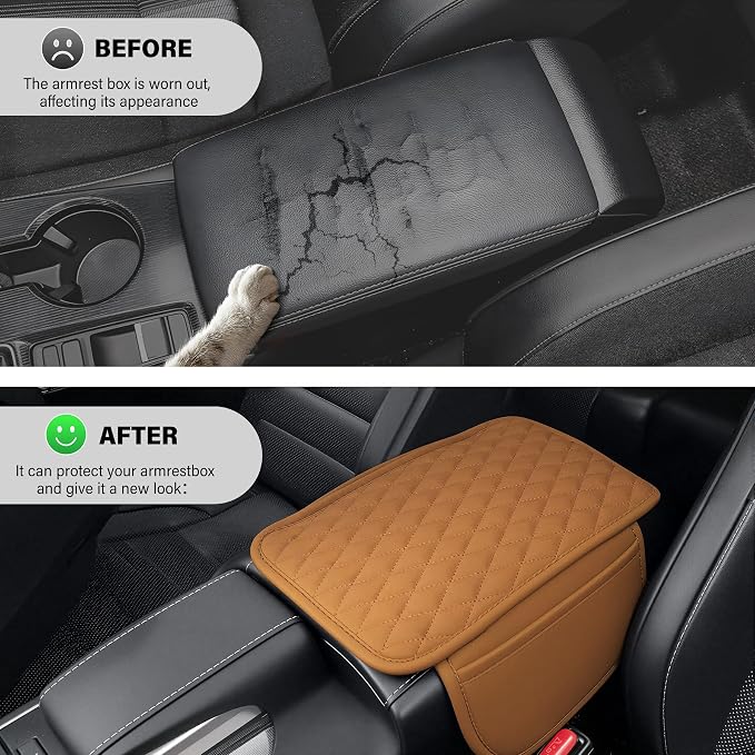 Car Center Console Cover, Upgraded Leather Car Armrest Cushion with 2 Storage Pockets, Universal Waterproof Cushion Pad, Non-Slip Car Interior Accessories, Fits Most Sedans SUVs Trucks (Orange)