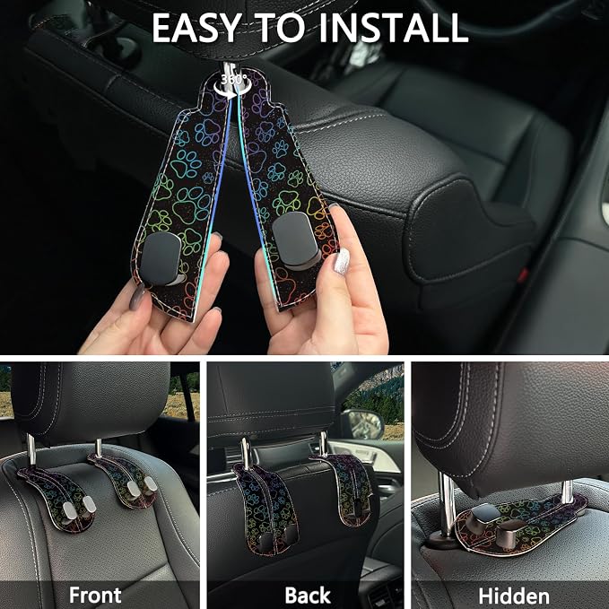2PCS Car Seat Back Storage Headrest Hooks, Dog Paw Purse Holder Bags Hanger, PU Leather Double Metal Hook for Backseat Organizer, Women Car Accessories Organization
