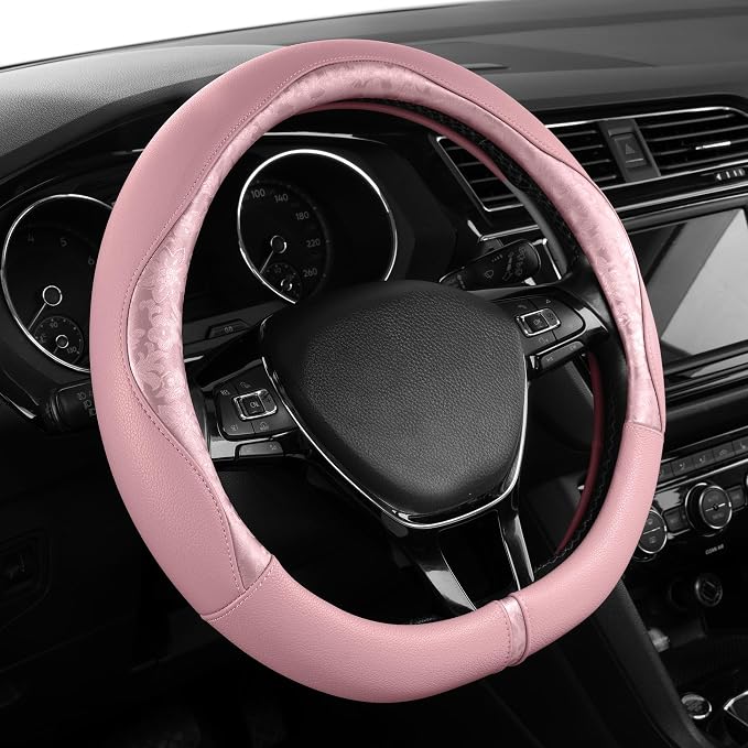 Steering Wheel Cover, Pink Patterned Leather Patchwork Design, Universal Fit 14.5"–15.5" D-Shape Steering Cover, Soft PU Grain Leather, Durable Grip Car Accessory for Girls & Women