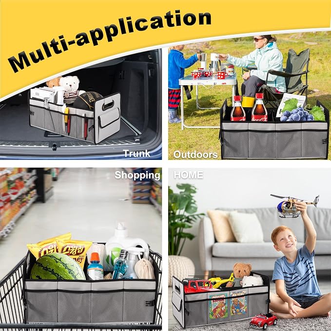 Car Trunk Organizer, Car Organizers and Storage Collapsible Multi Compartment Container Box, Adjustable Car Accessories for SUV Sedan Truck, Standard Size, Grey