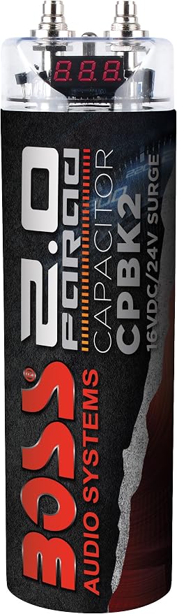 CPBK2 Car Capacitor - 2 Farad, Energy Storage, Enhance Bass From Stereo, 3 Digit Voltage Display, Charging Status LED