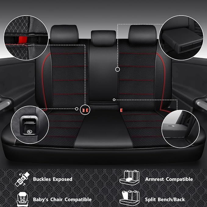 Mesh Leather Car Seat Covers Full Set,Breathable Mesh Faux Leather Seat Covers for Car, Universal Fit for SUV Truck Sedan Automotive, Airbag Compatible, Black and Red