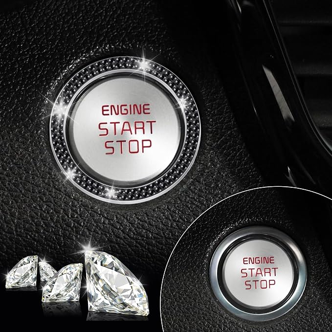 2 PCS Crystal Double Rhinestone Car Engine Start Stop Decoration Ring, Bling Car Interior Accessories for Women, Push to Start Button Cover Sticker, Automotive Decals, Black