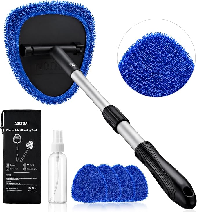 21" Extra-Long Windshield Cleaner Tool, Car Interior Detailing Cleaning Kit with Extendable Handle and 4 Upgraded Reusable Microfiber Pads, Auto Glass Wiper Brush Kit for Cars, Blue