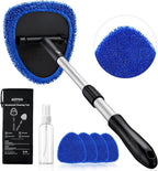 21" Extra-Long Windshield Cleaner Tool, Car Interior Detailing Cleaning Kit with Extendable Handle and 4 Upgraded Reusable Microfiber Pads, Auto Glass Wiper Brush Kit for Cars, Blue