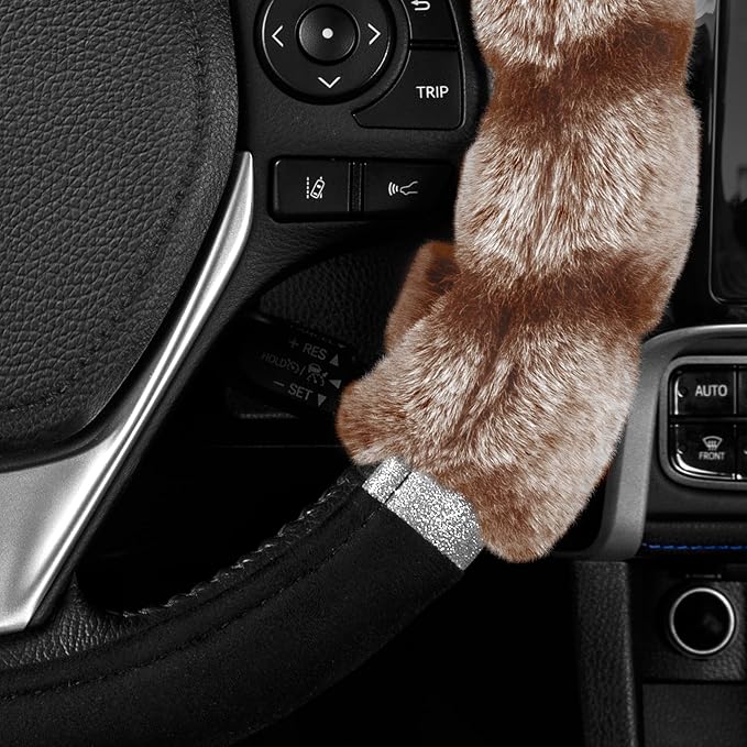 Bear Fur Steering Wheel Cover, Plush Faux Fur Fuzzy Steering Cover for Car Truck Van SUV, Standard Size Fits Wheels 14.5-15 in Diameter, Two Tone Black/Brown with Glitter