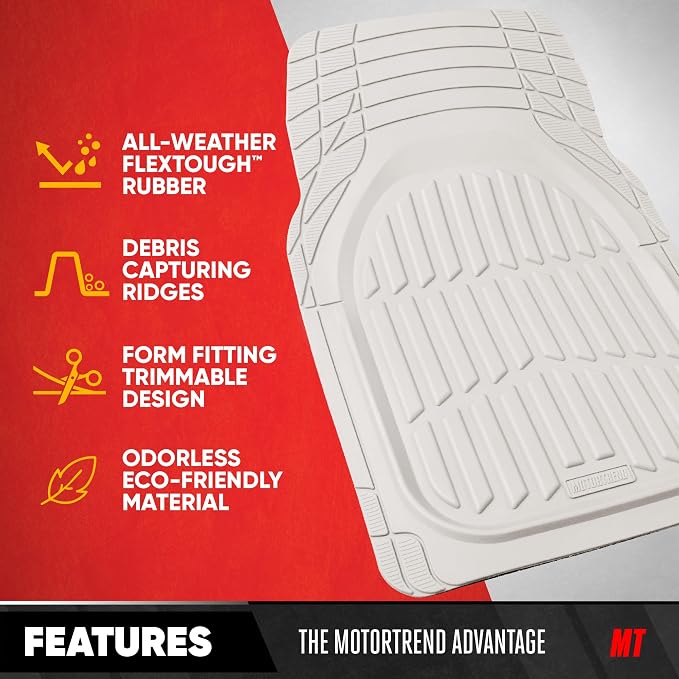 FlexTough LITE Rubber Car Mats Full Set - All Weather White Floor Mats for Trucks, Cars & SUVs - Automotive White Car Floor Mats for Cars Interior Accessories Universal Trim-to-Fit
