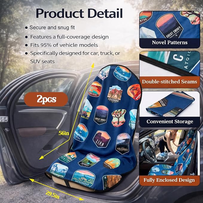 Front Waterproof Car Seat Towel Cover, Sweat Seat Protector for Cars and SUVs with Headrest Cover and Fixed Hooks for Use After Gym, Beach, Swimming, and Outdoor Activities