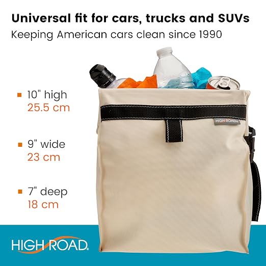TrashStash Hanging Car Garbage Bag with Push-Close Lid and Waterproof Bin for Cars, SUVs and Trucks - Holds 3 Gallons of Car Trash, Tan