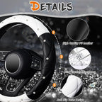 Diamond Soft Leather Steering Wheel Cover with Bling Bling Crystal Rhinestones, Universal 15 inch, Black White
