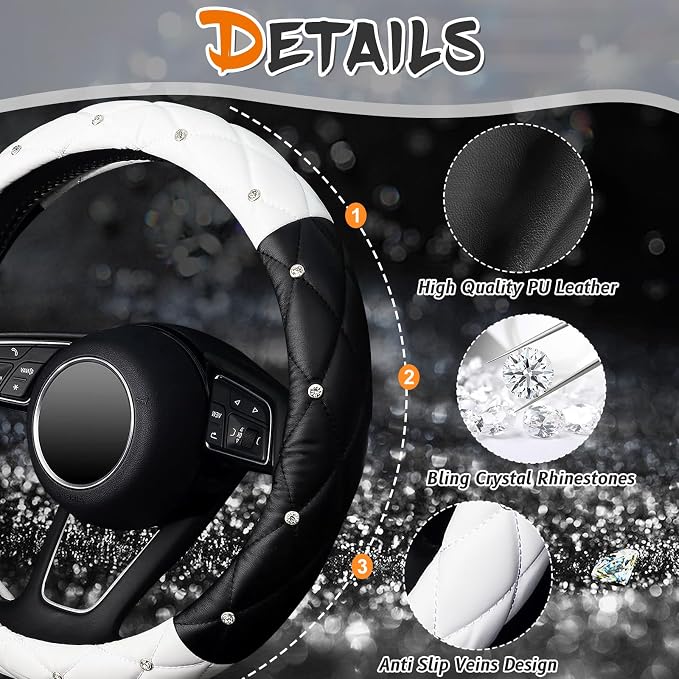 Diamond Soft Leather Steering Wheel Cover with Bling Bling Crystal Rhinestones, Universal 15 inch, Black White